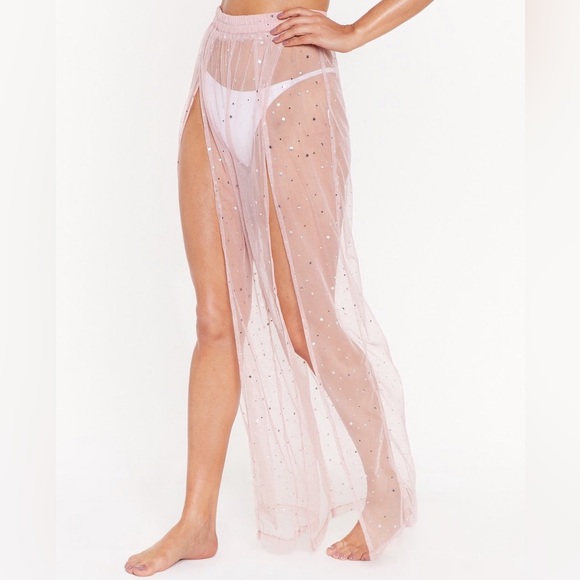 NastyGal Vacation Stars Pink Wide Leg High Waist Slit CoverUp Pants Taylor Swift - Picture 1 of 10